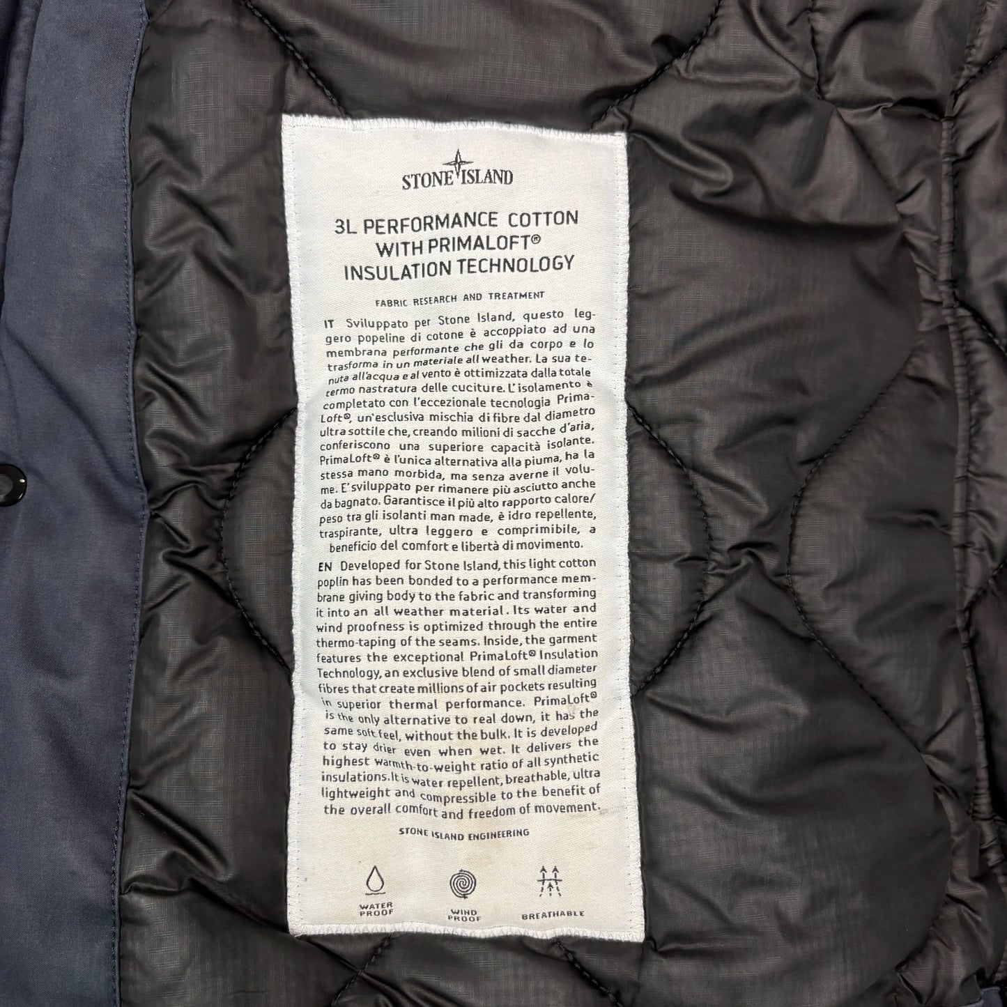 Stone Island Navy 3L Performance Cotton with Primaloft Insulation Technology Parka Jacket