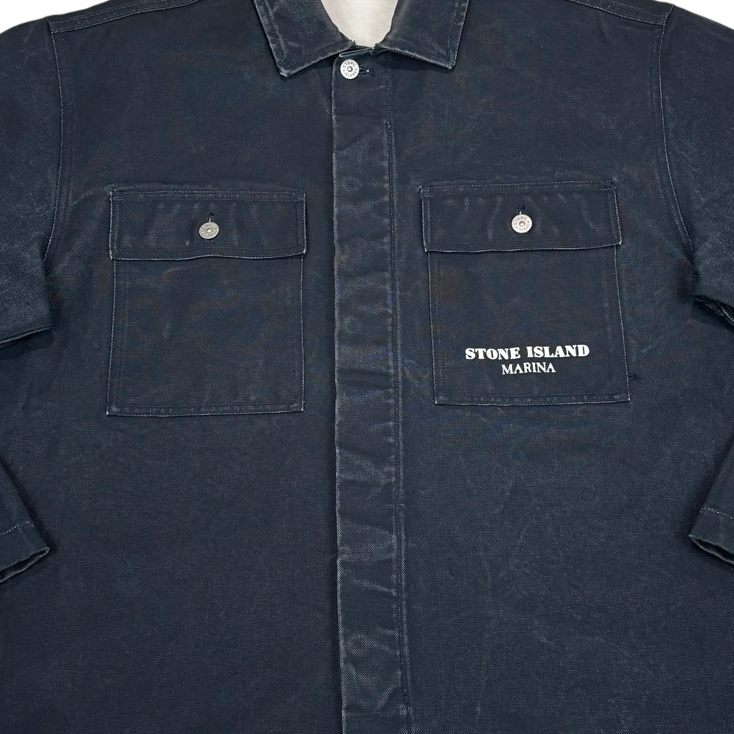 Stone Island Navy Blue Denim Logo Spell Out Overshirt Jacket