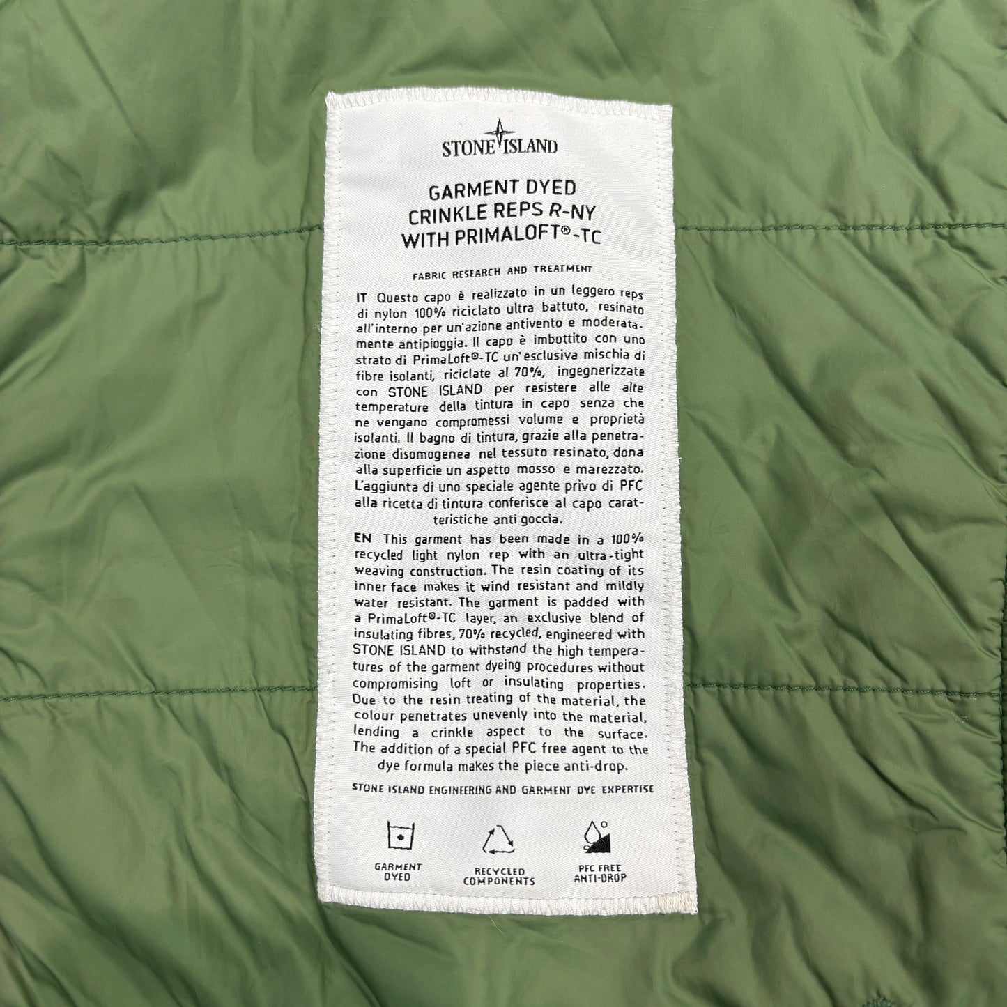 Stone Island Green Garment Dyed Crinkle Reps R-NY with Primaloft-TC Hooded Jacket