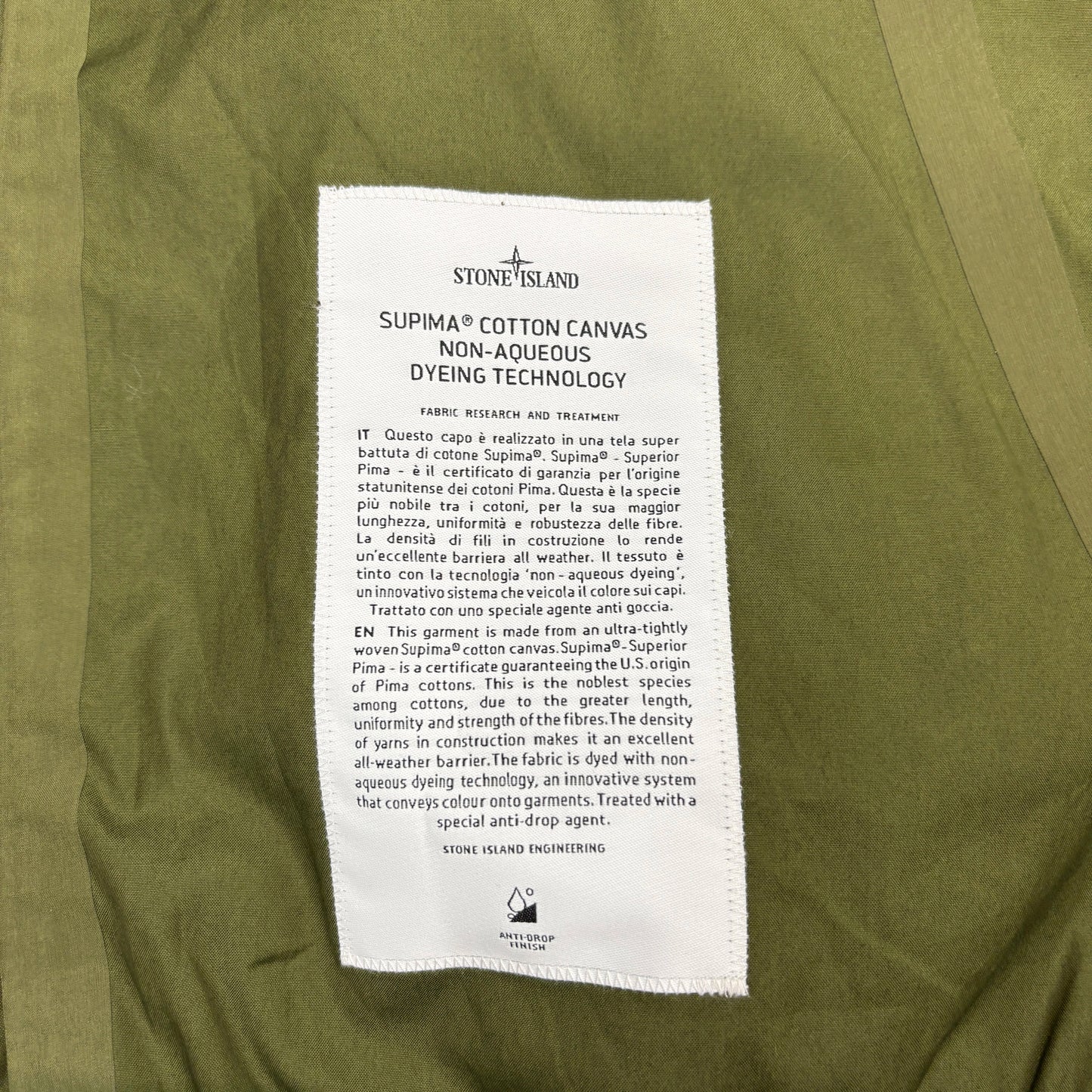 Stone Island Green Supima Cotton Canvas Non-Aqueous Dyeing Technology Jacket