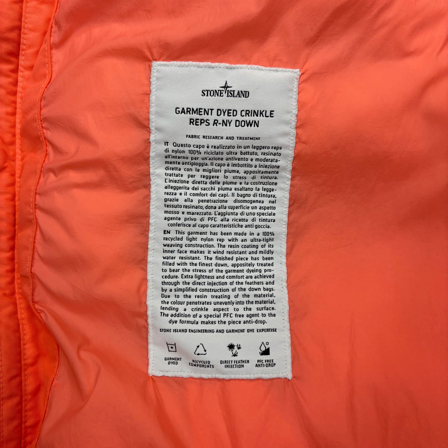 Stone Island Orange Garment Dyed Crinkle Reps R-NY Down Puffer Jacket
