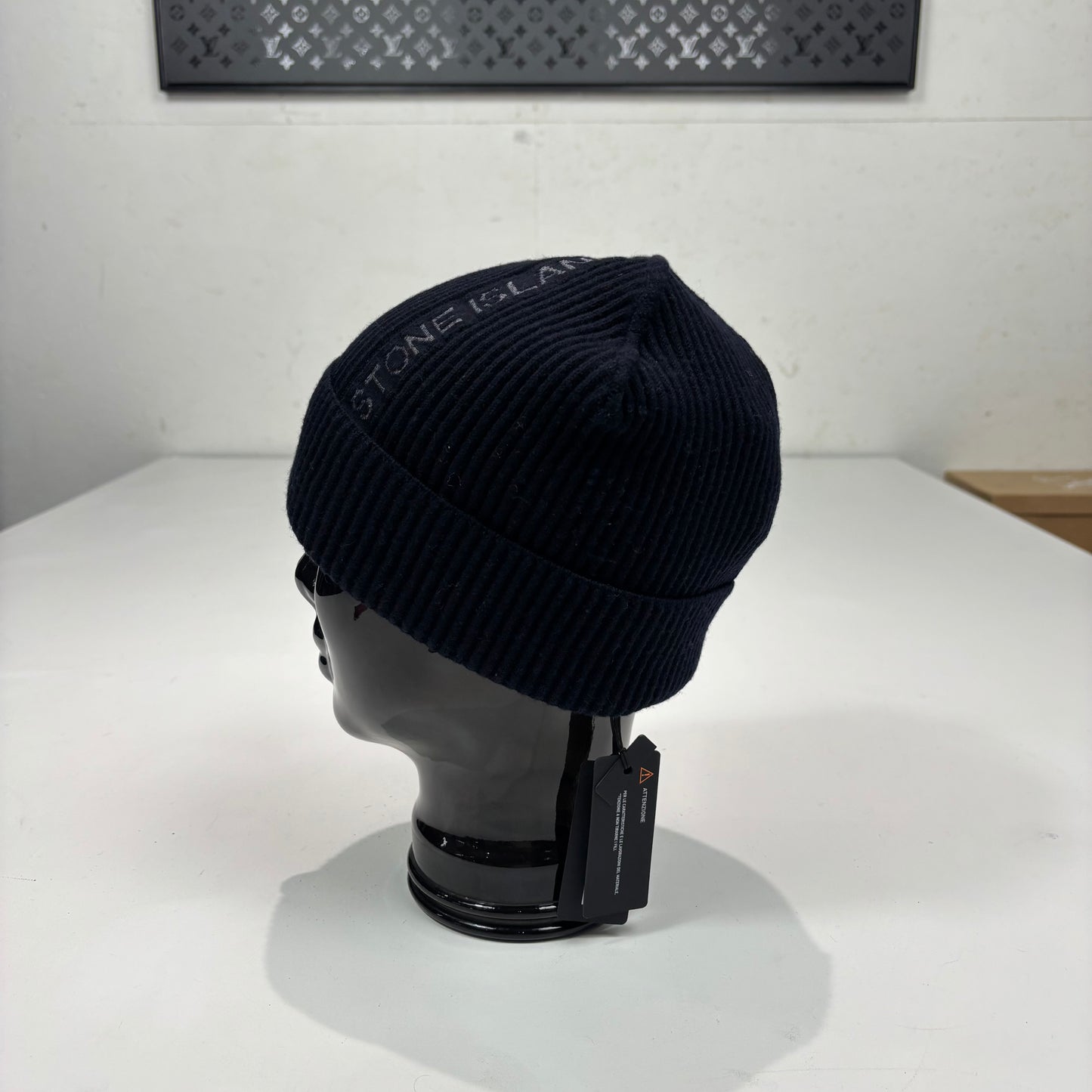 Stone Island Navy Blue Spell Out Logo Beanie