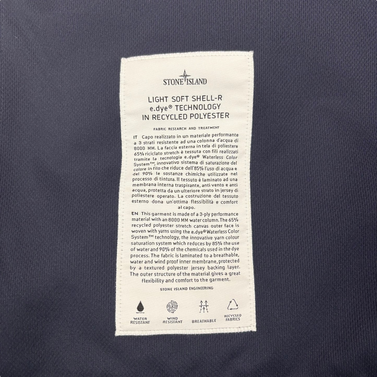 Stone Island Navy Blue Light Soft Shell e.dye Technology in Recycled Polyester with Hidden Hood Jacket