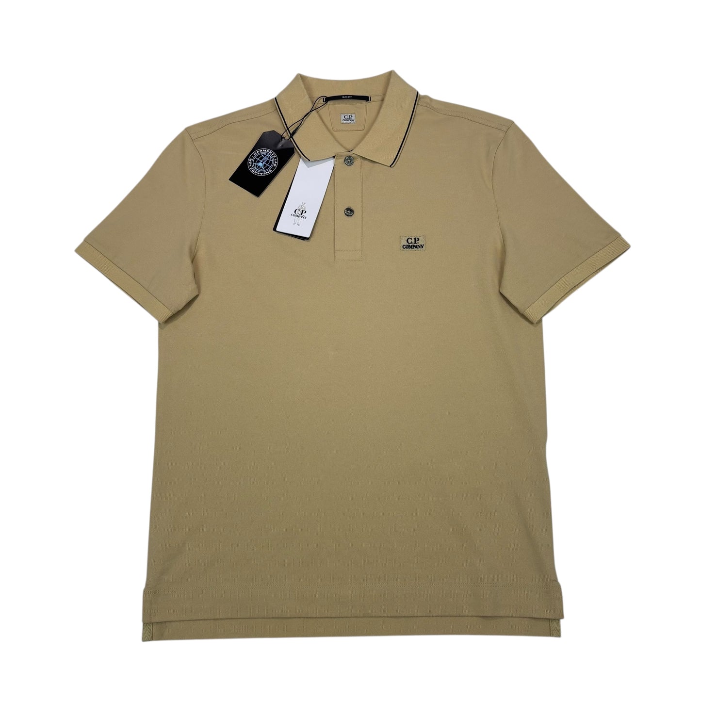 CP Company Beige Box Logo Spell Out Striped Polo Shirt