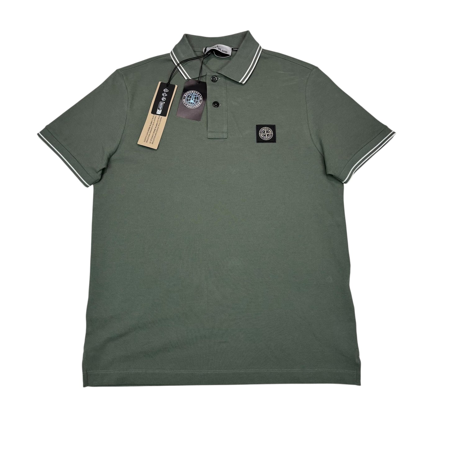 Stone Island Green with White Stripes Patch Logo Polo Shirt