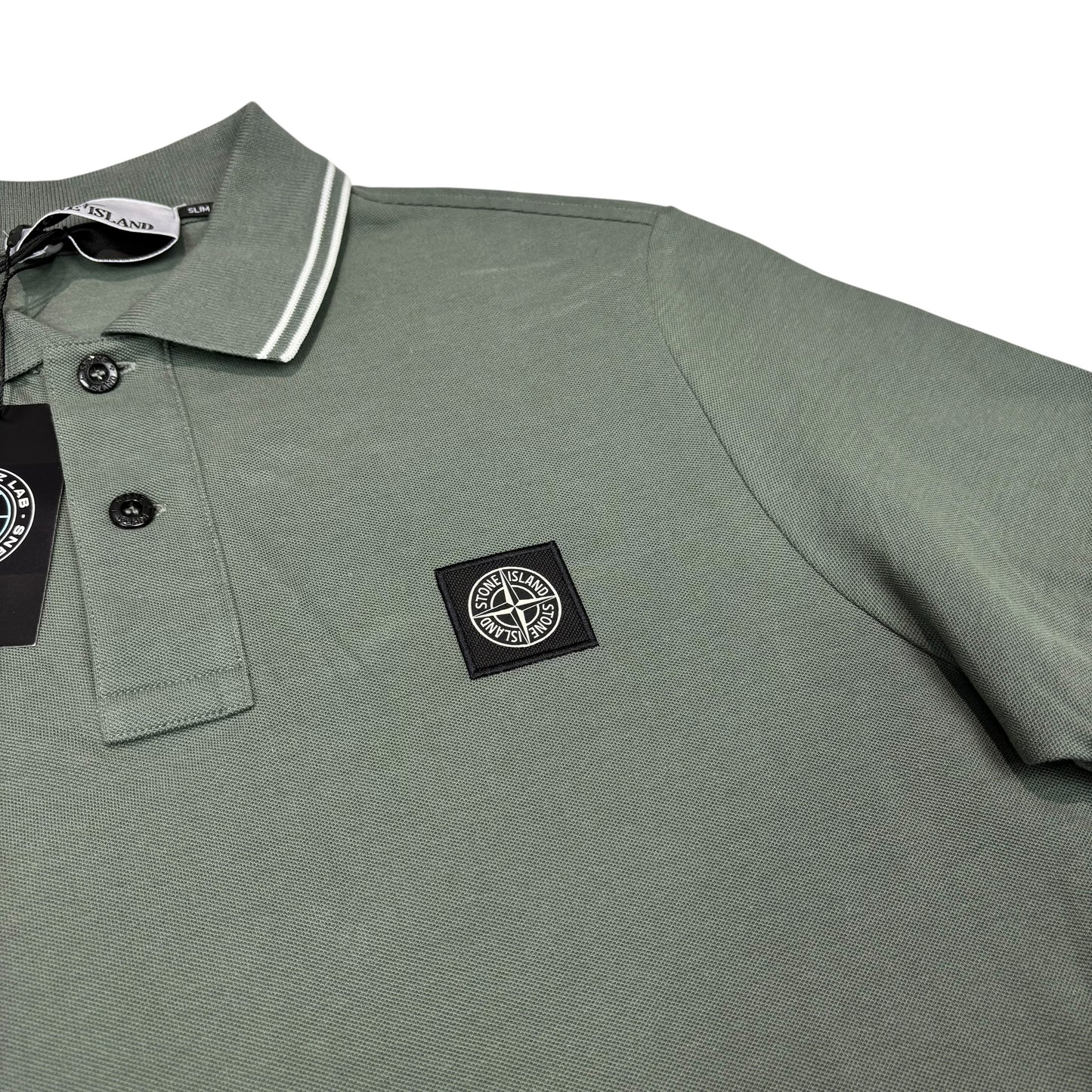 Stone Island Green with White Stripes Patch Logo Polo Shirt