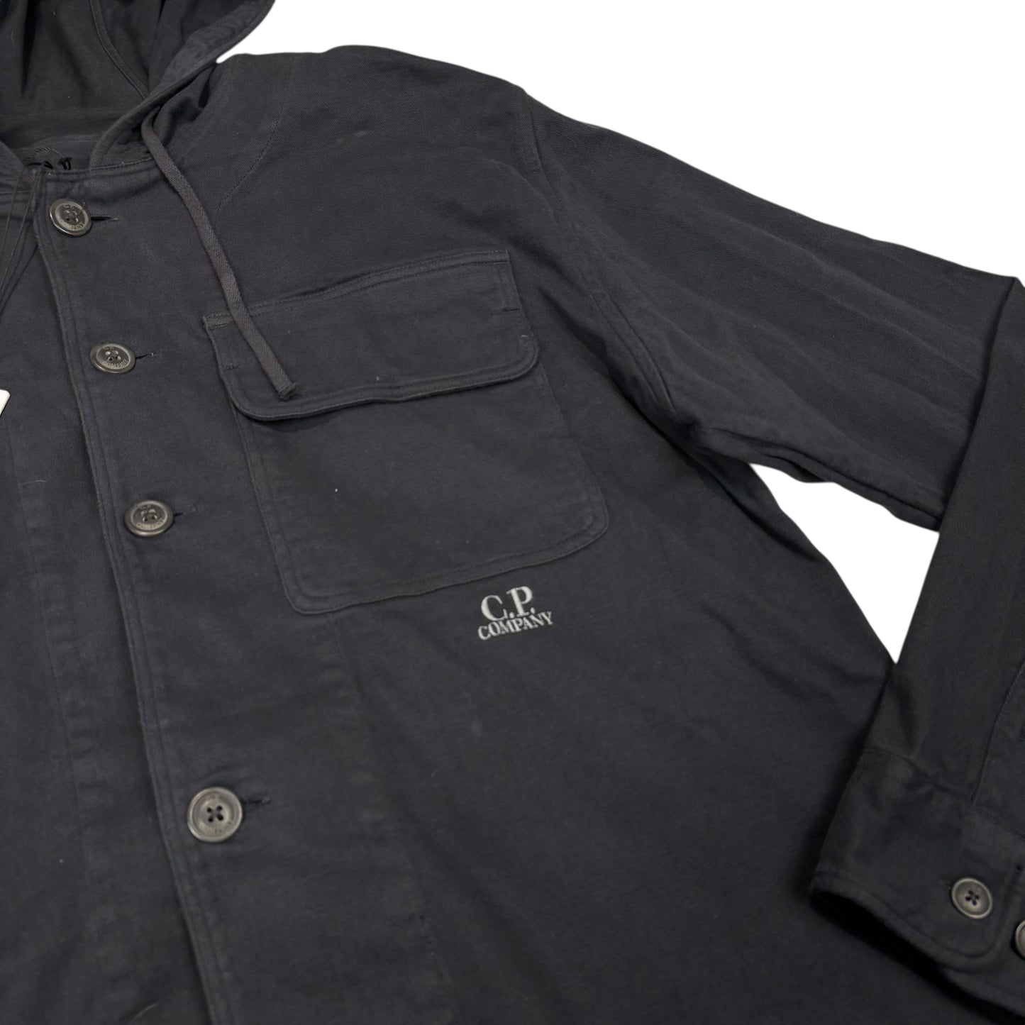 CP Company Navy Blue Spell Out Hooded Button Up Jacket