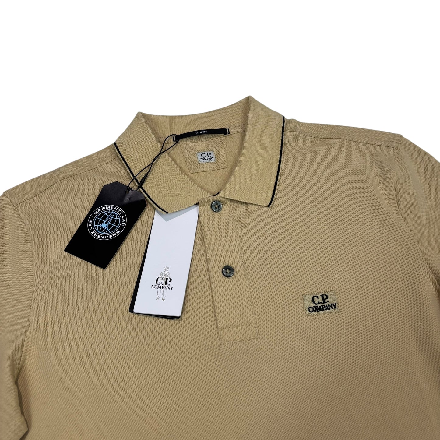 CP Company Beige Box Logo Spell Out Striped Polo Shirt
