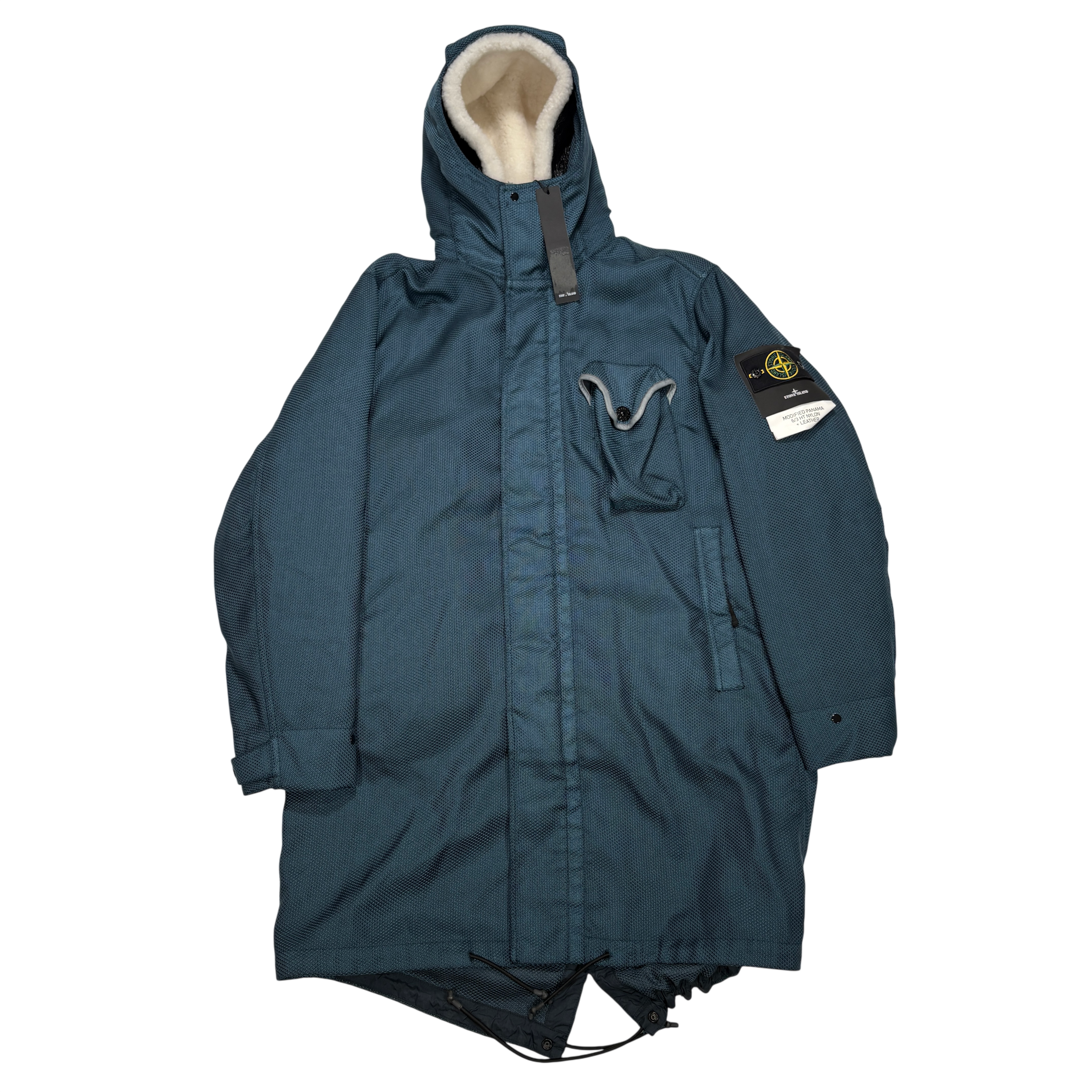 Stone Island Blue Modified Panama 6/3 HT Nylon + Leather Coat 