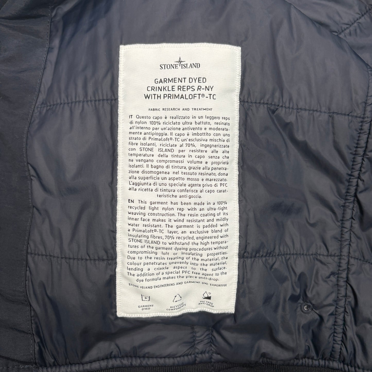 Stone Island Navy Garment Dyed Crinkle Reps R-NY with Primaloft-TC Puffer Jacket