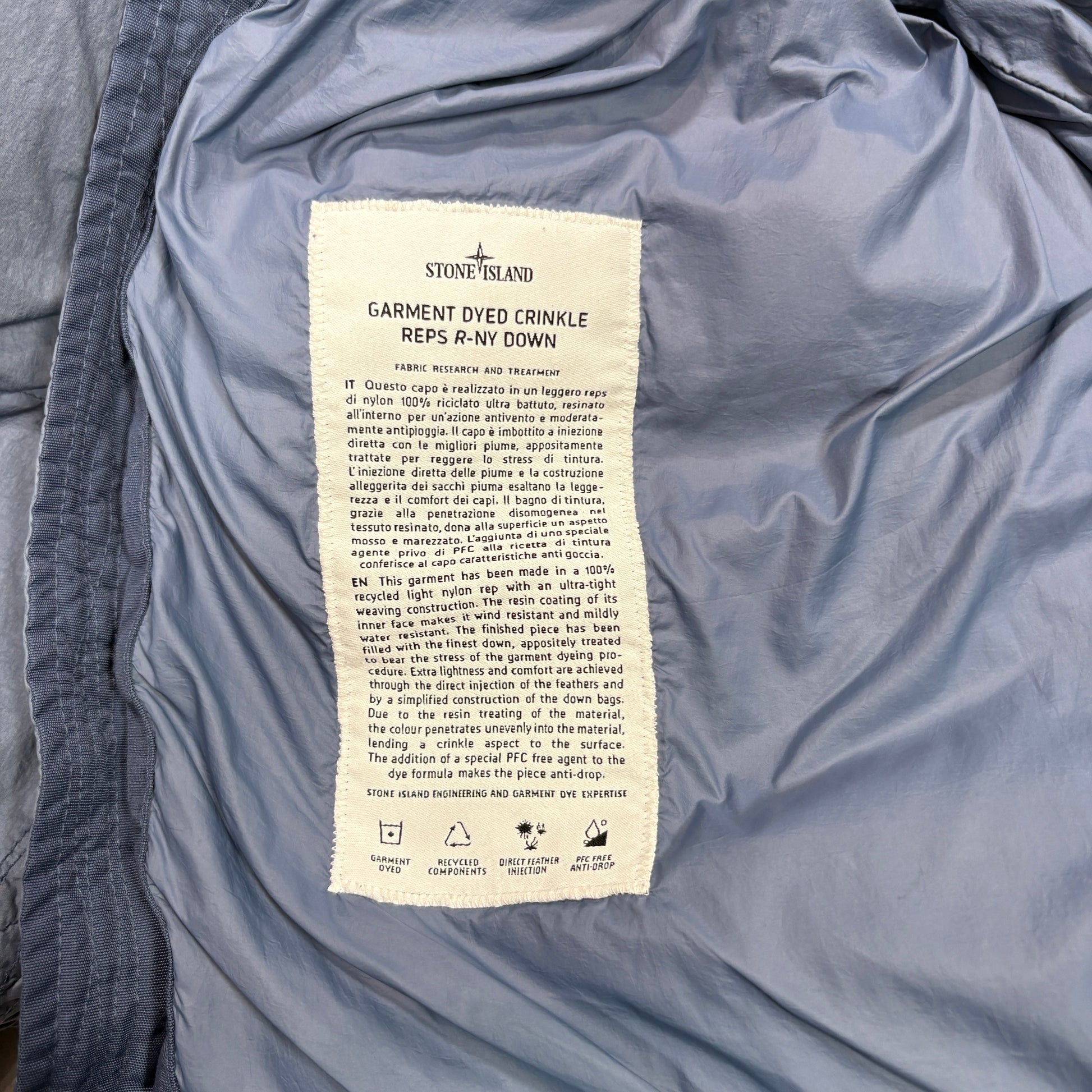 Stone Island Blue Garment Dyed Crinkle Reps R-NY Down Jacket