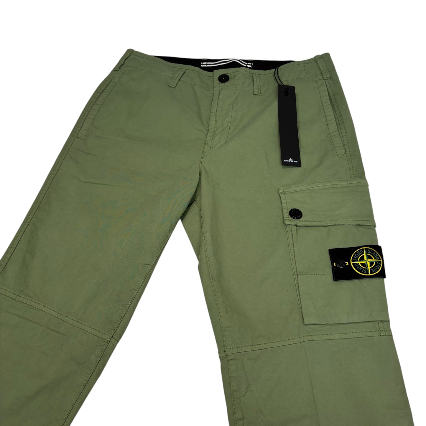 Stone Island Khaki Green Brushed Cotton Buttoned Pockets Compass-Patch Cargo Trousers