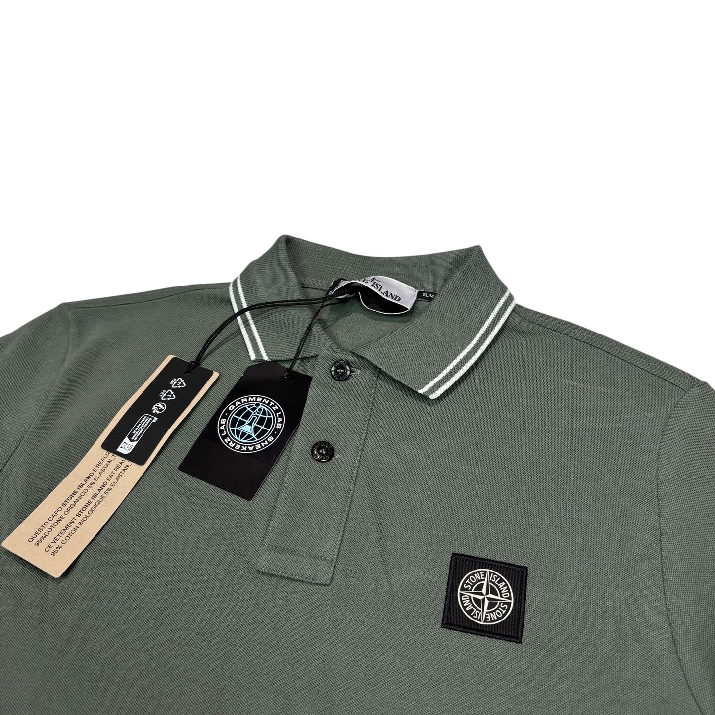 Stone Island Green with White Stripes Patch Logo Polo Shirt