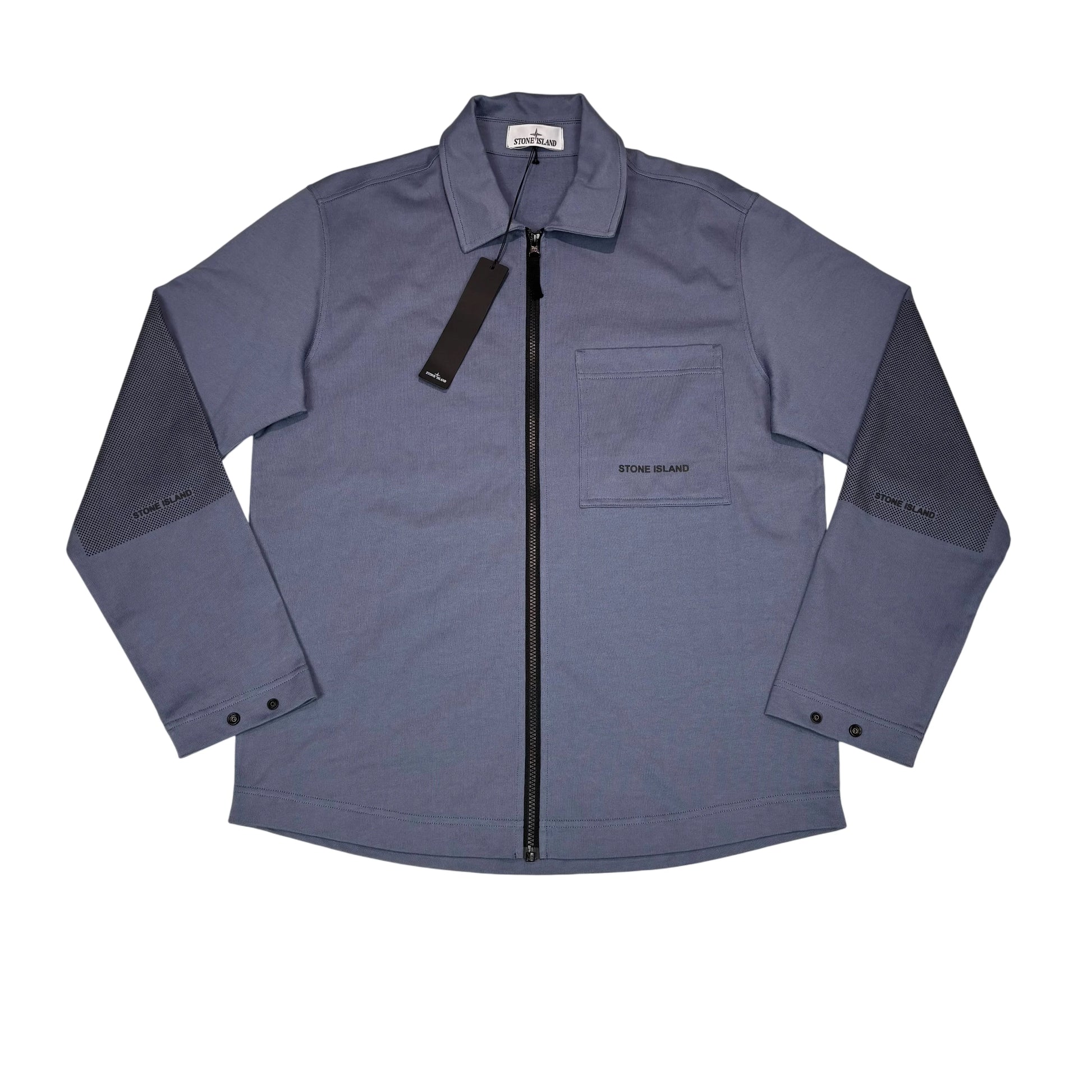 Stone Island Blue Technical Logo Spell Out Arm Detail Overshirt Jacket