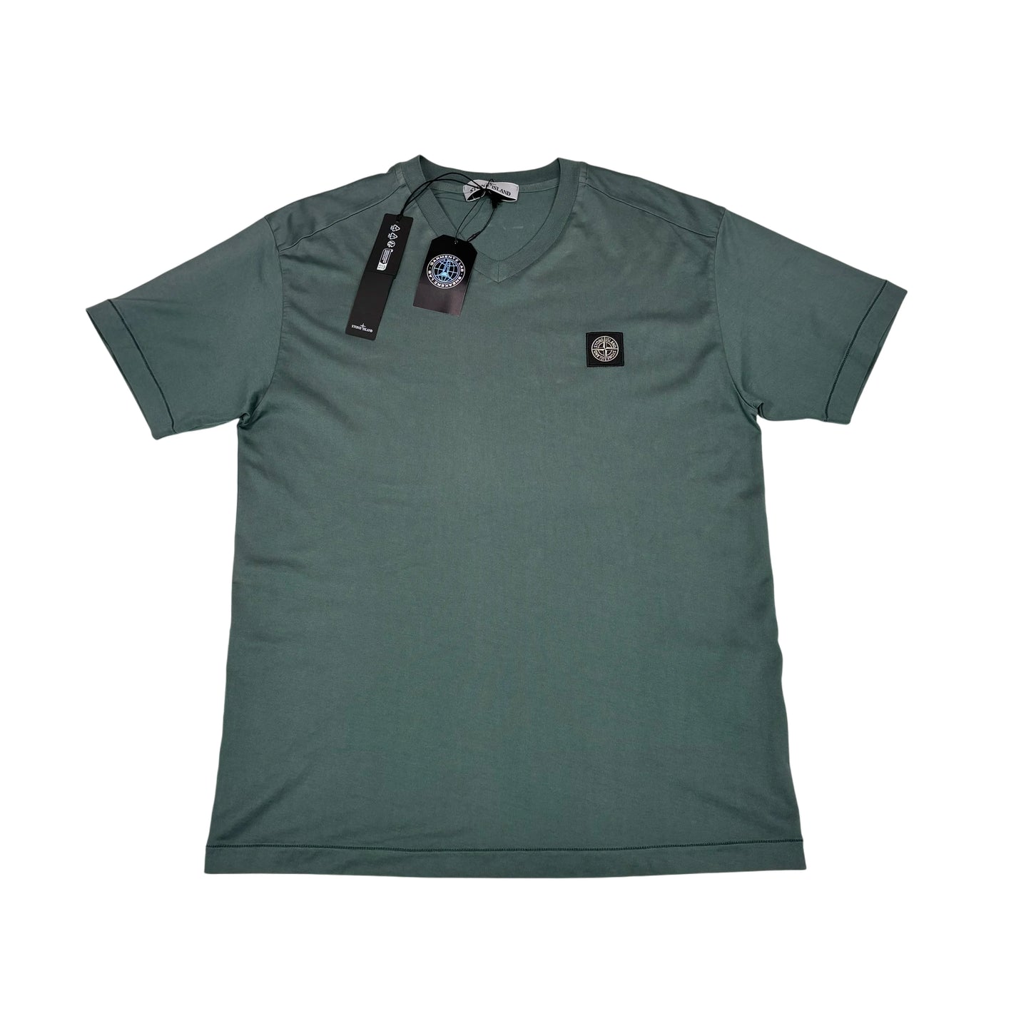 Stone Island Green Patch Logo V-Neck T-shirt