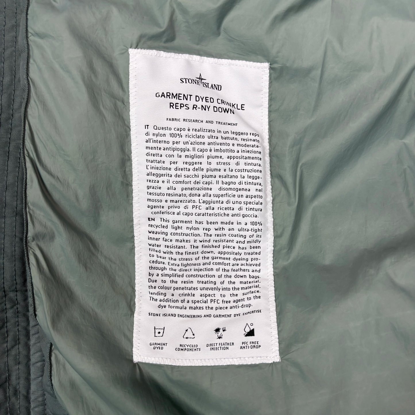 Stone Island Green Garment Dyed Crinkle Reps R-NY Down Jacket