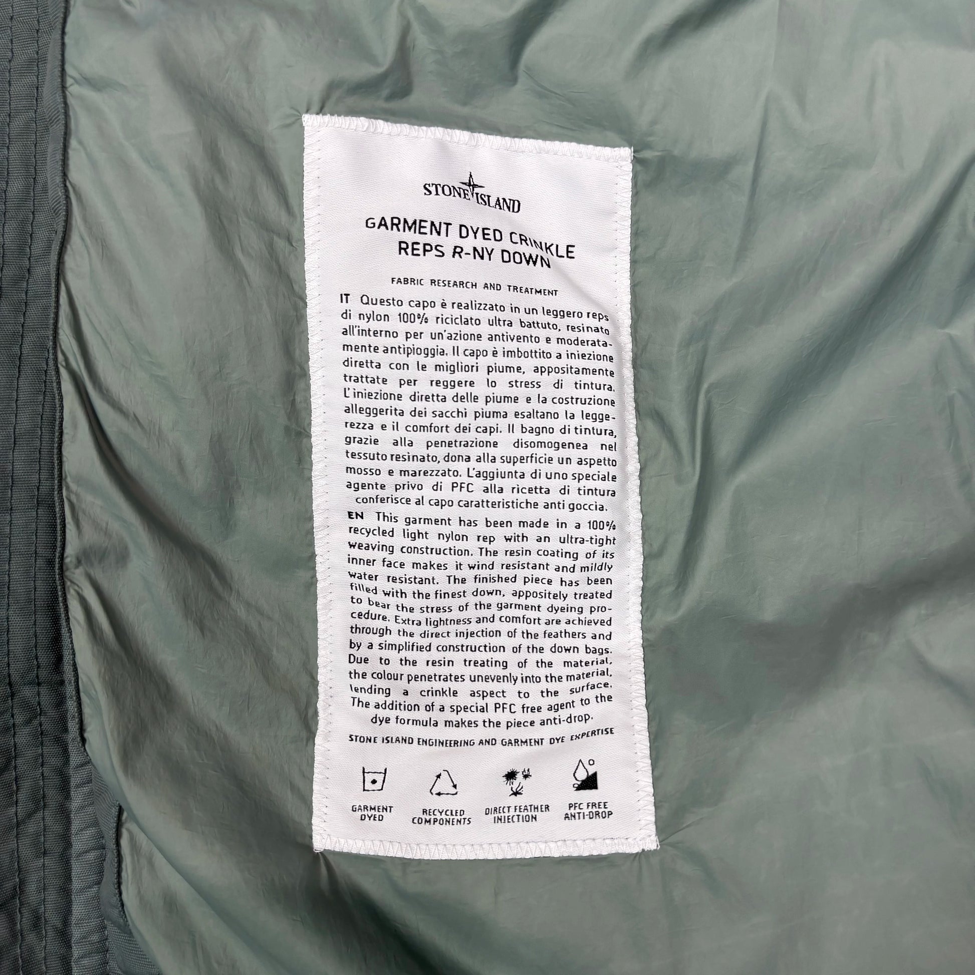 Stone Island Green Garment Dyed Crinkle Reps R-NY Down Jacket