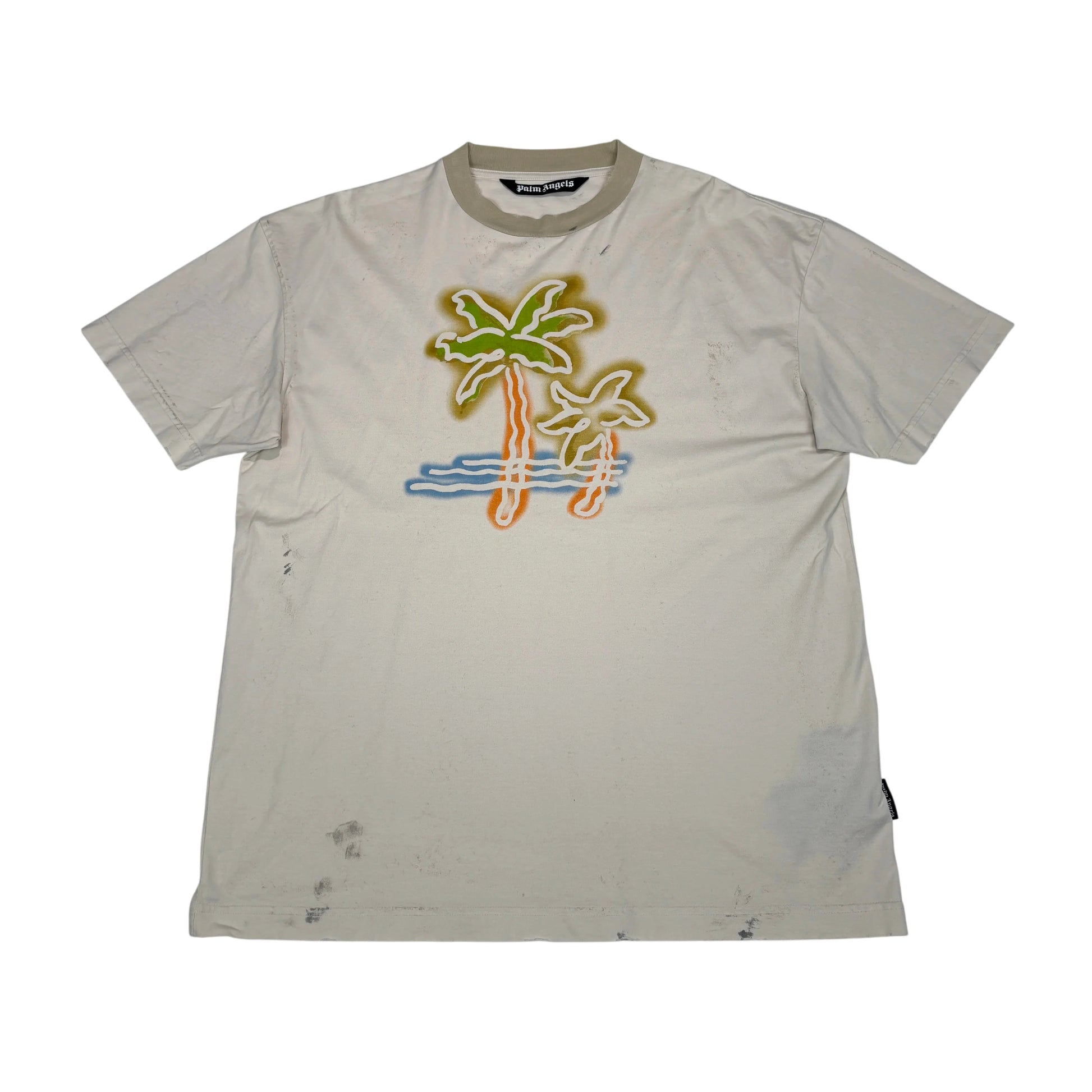 Palm Angels Beige with Front and Back Printed Logo Palm Design T-shirt