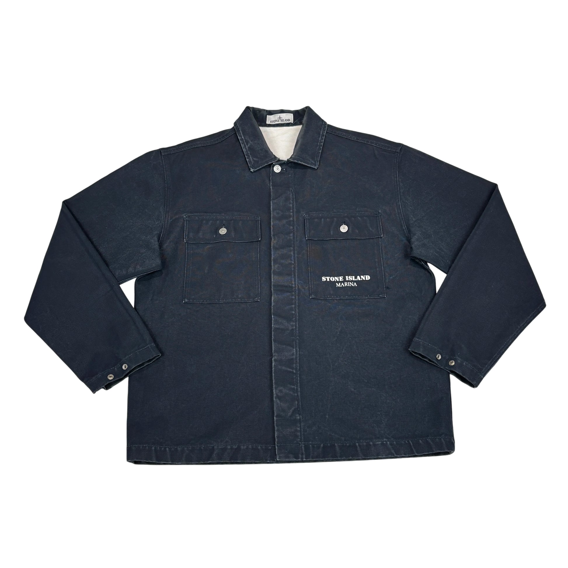 Stone Island Navy Blue Denim Logo Spell Out Overshirt Jacket
