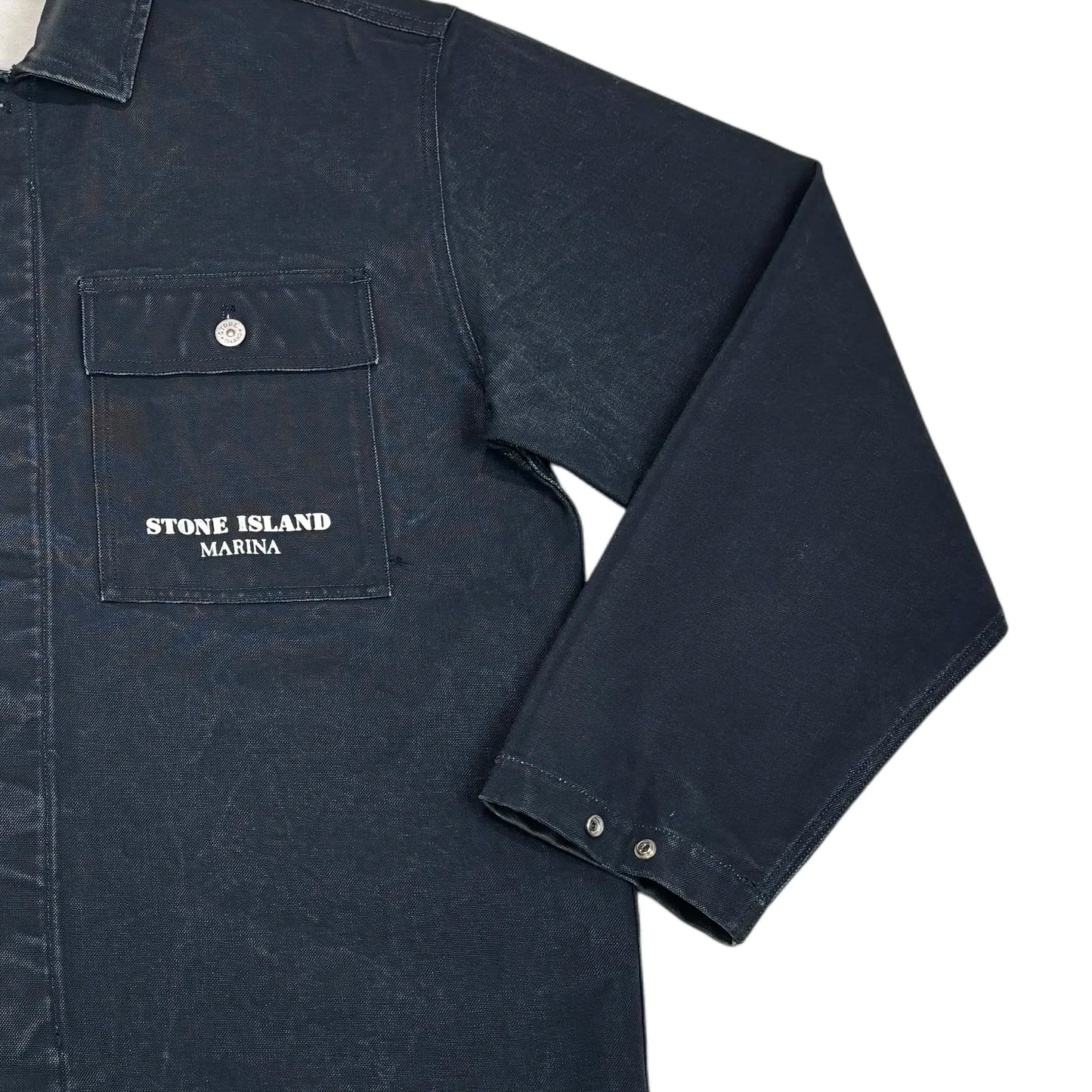 Stone Island Navy Blue Denim Logo Spell Out Overshirt Jacket