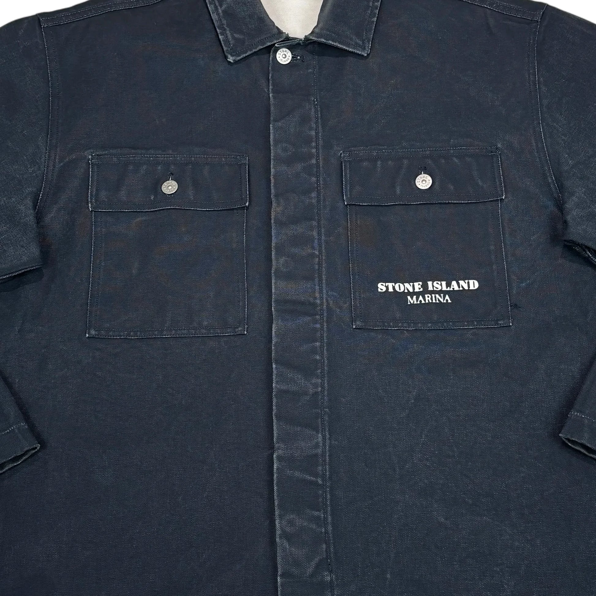 Stone Island Navy Blue Denim Logo Spell Out Overshirt Jacket