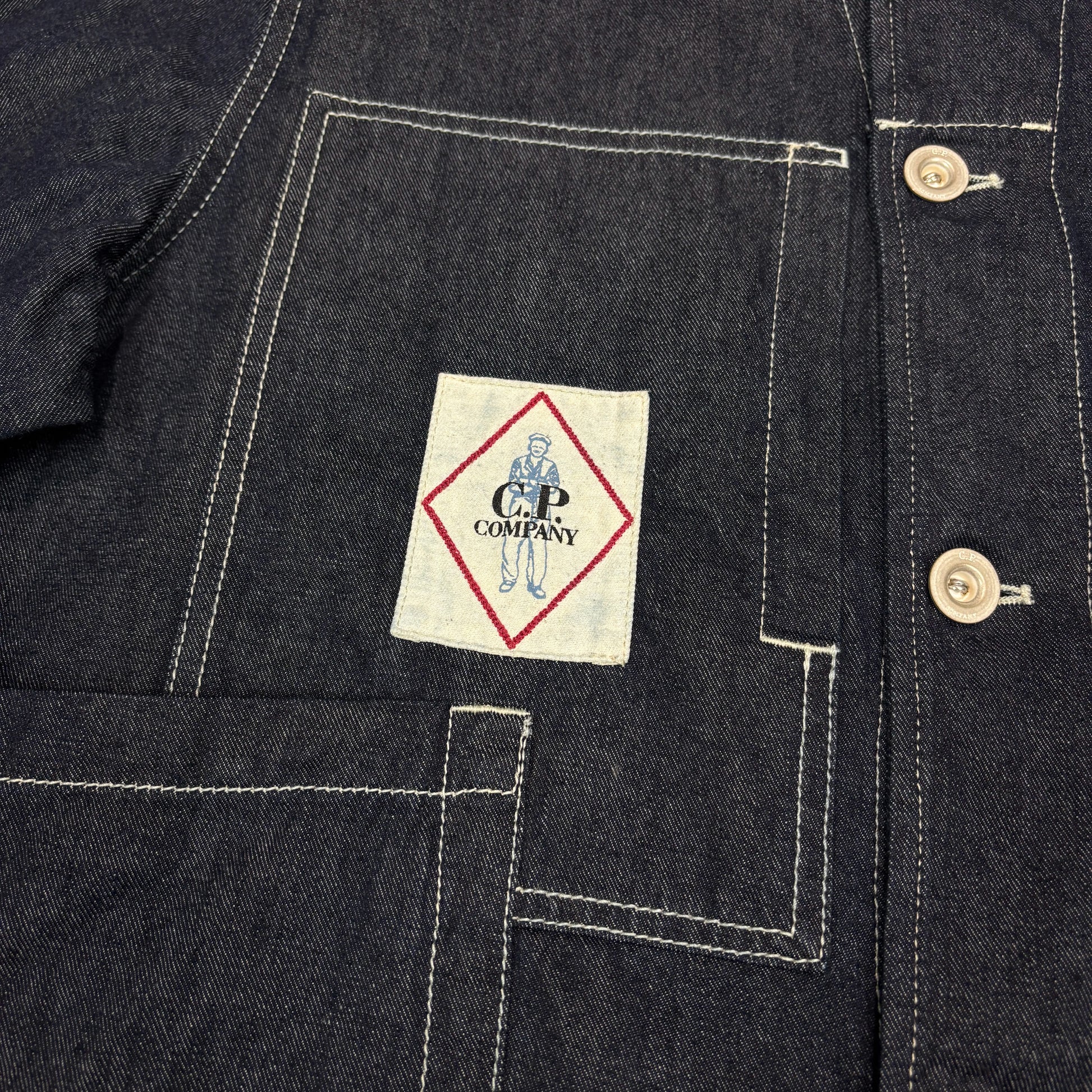 C.p. Company Blue Denim Box Logo Sailor Chore Jacket