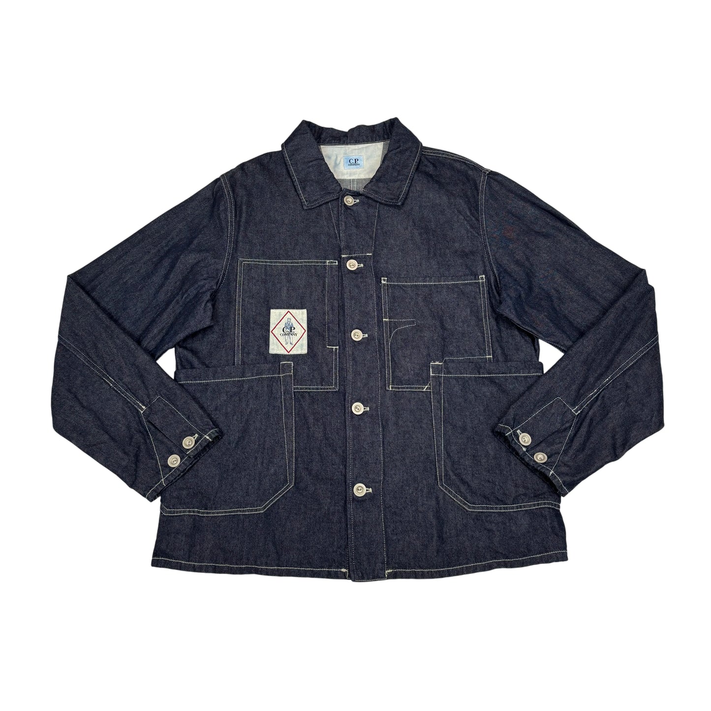 C.p. Company Blue Denim Box Logo Sailor Chore Jacket