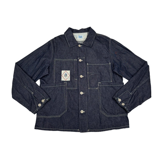 C.p. Company Blue Denim Box Logo Sailor Chore Jacket