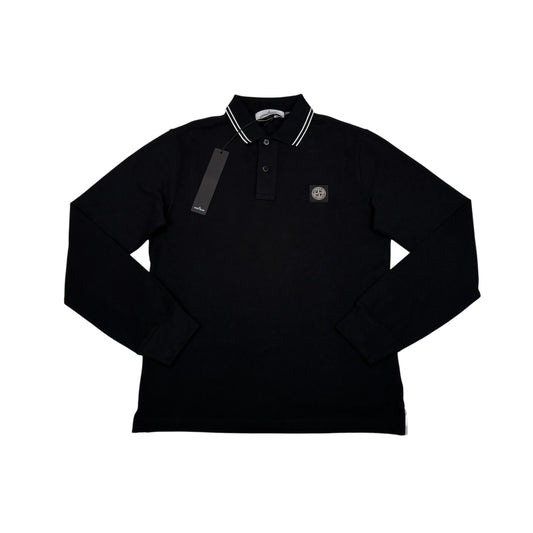 Stone Island Black Patch Logo Long Sleeve Polo Shirt