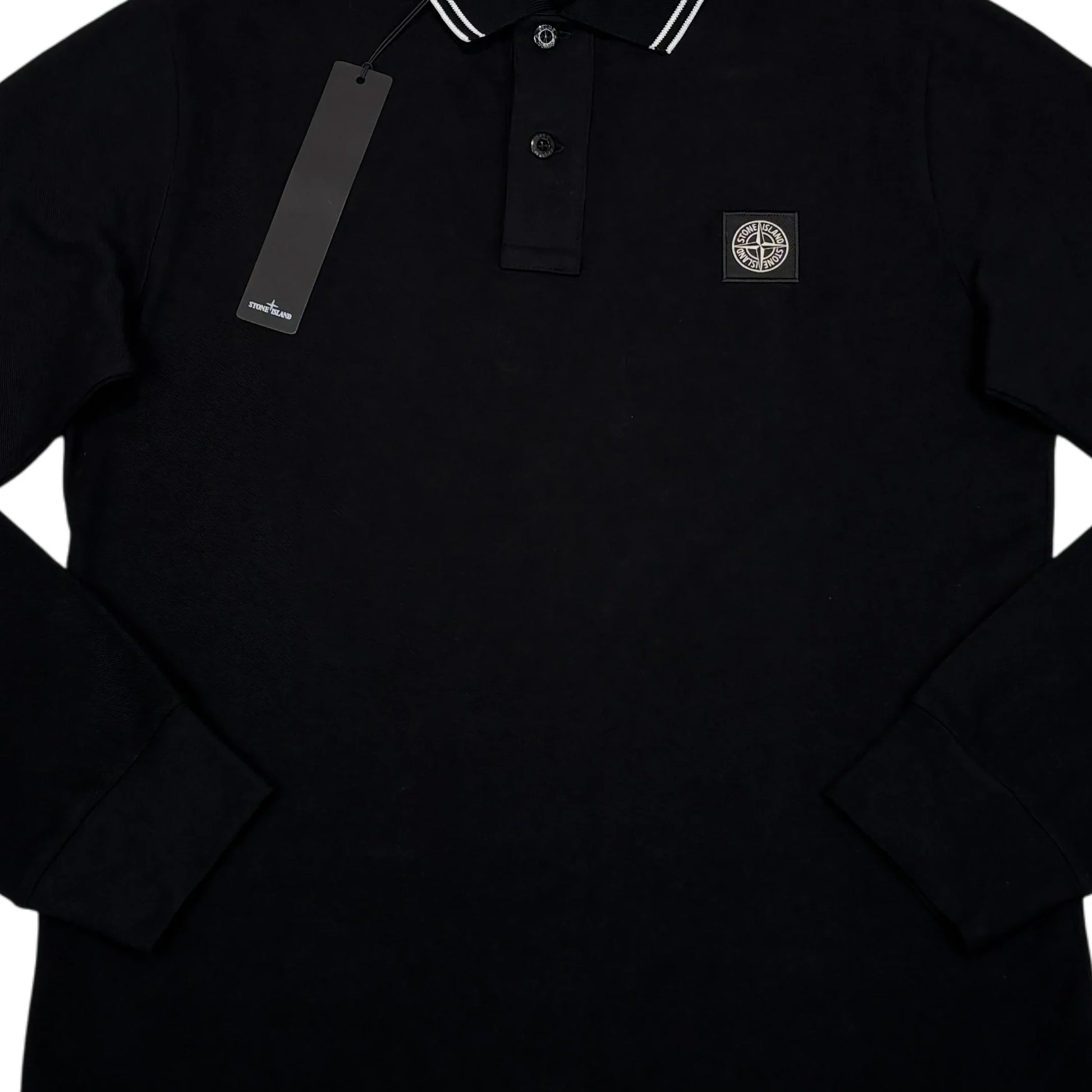 Stone Island Black Patch Logo Long Sleeve Polo Shirt