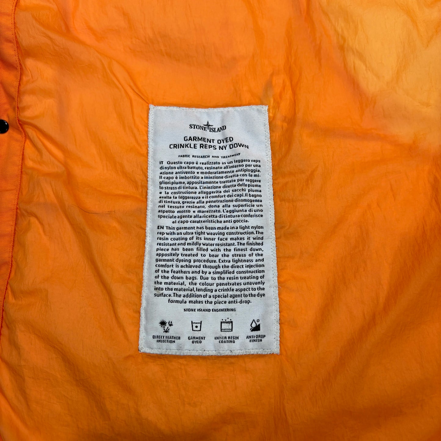 Stone Island Orange Garment Dyed Crinkle Reps NY Down Puffer Coat