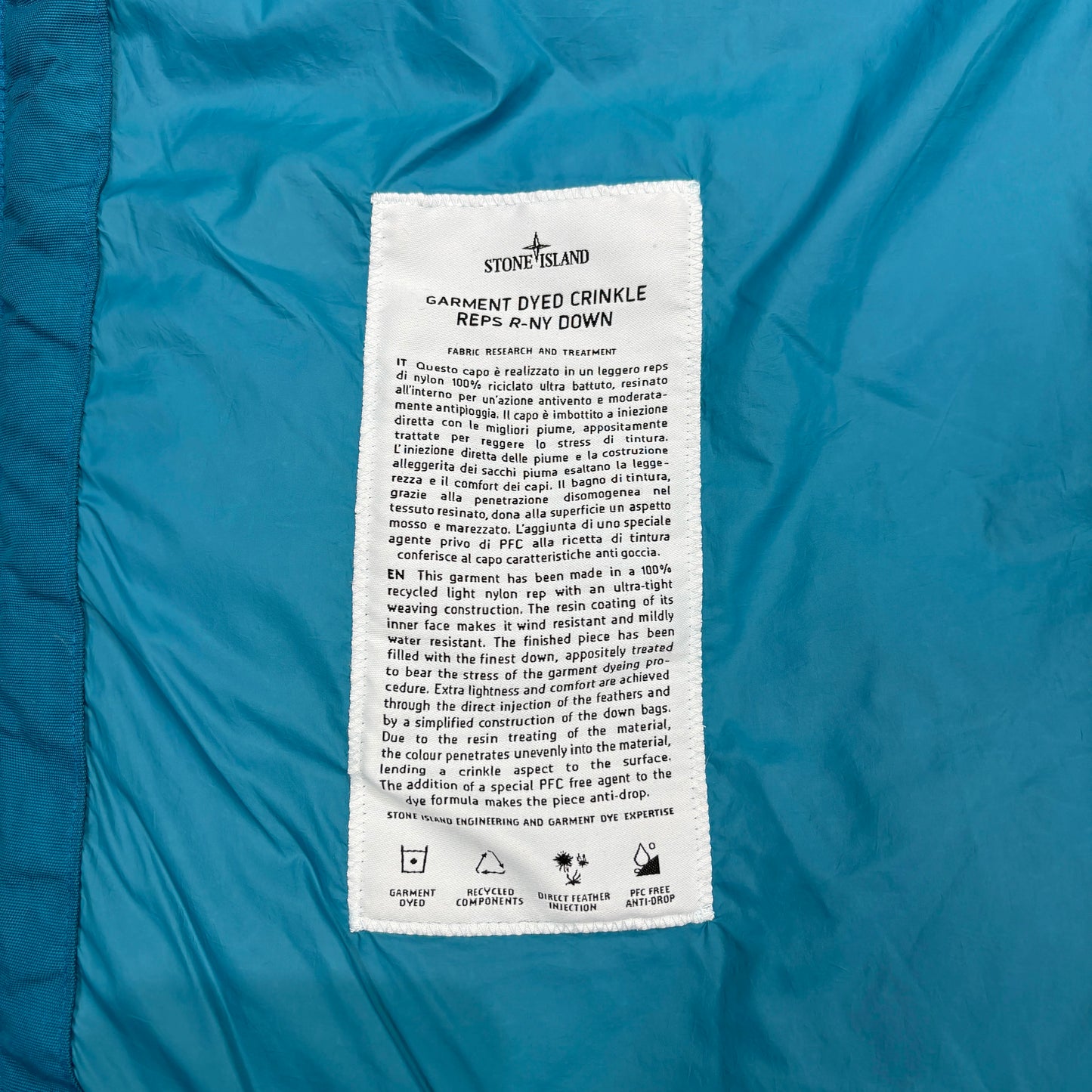 Stone Island Blue Garment Dyed Crinkle Reps R-NY Down Jacket