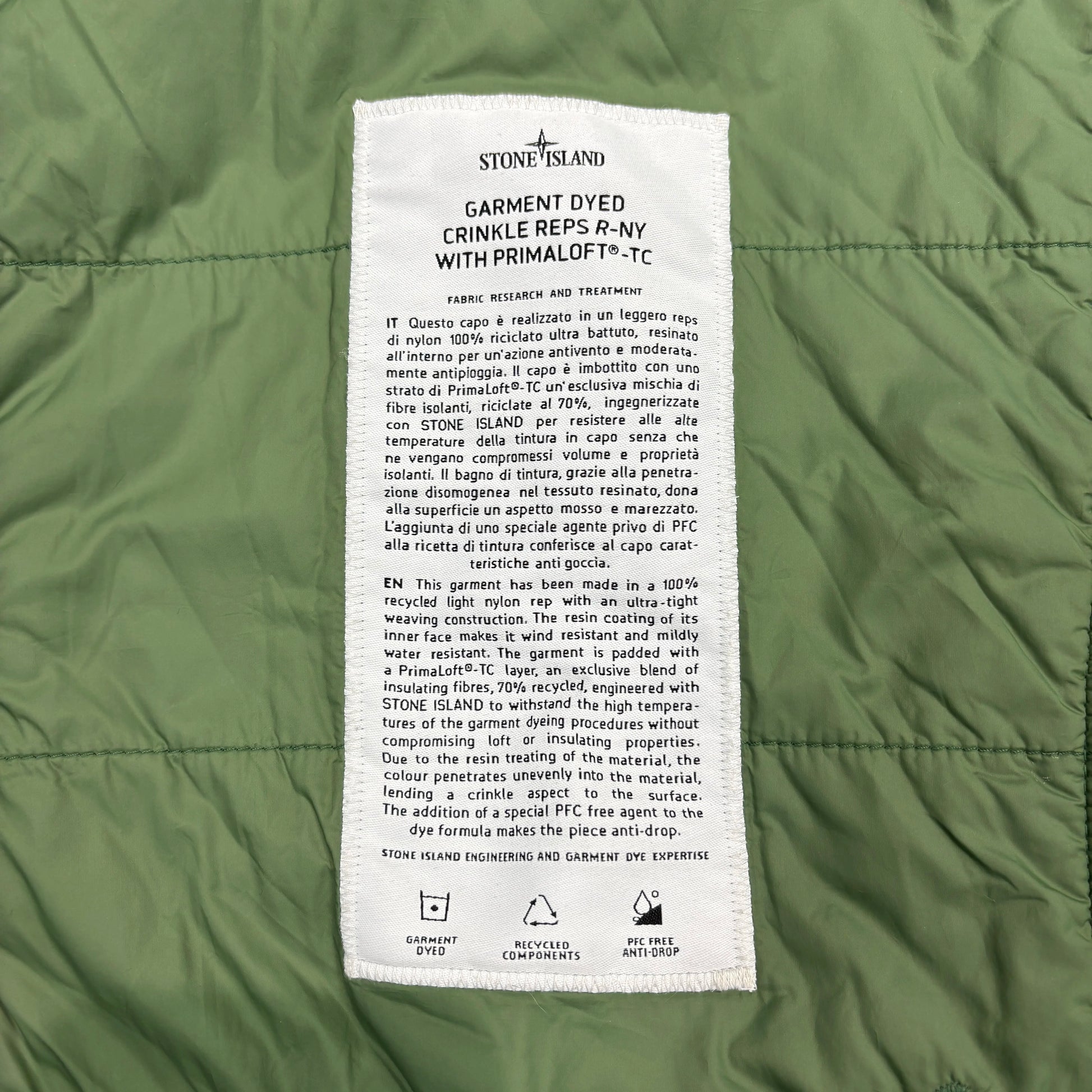 Stone Island Green Garment Dyed Crinkle Reps R-NY with Primaloft-TC Hooded Jacket