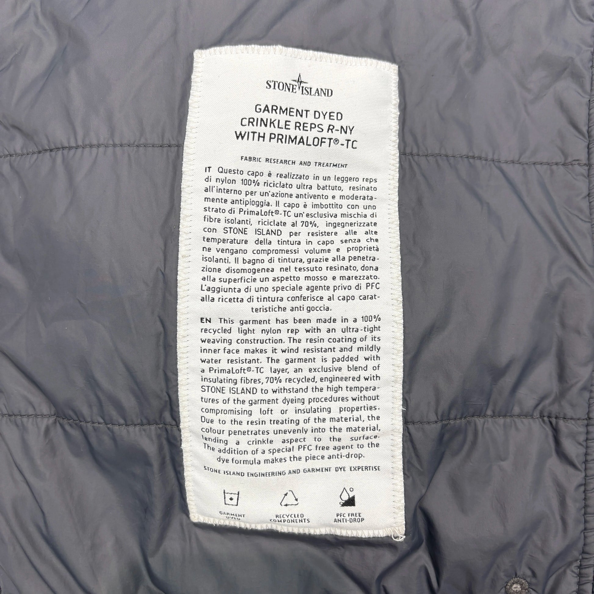 Stone Island Gray Garment Dyed Crinkle Reps R-NY with Primaloft-TC Hooded Jacket