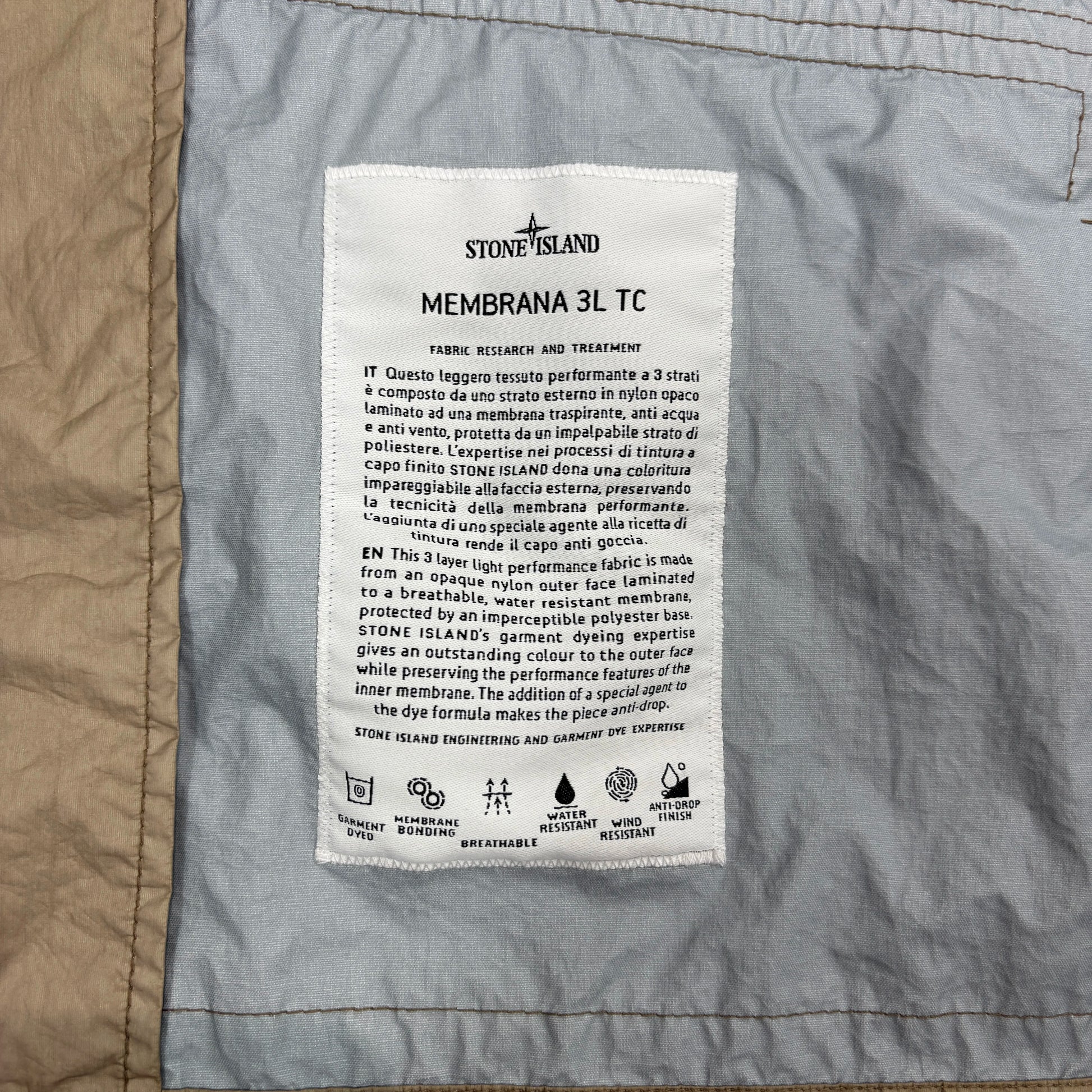 Stone Island Beige Membrana 3L TC with Hidden Hood Compass Patch Jacket