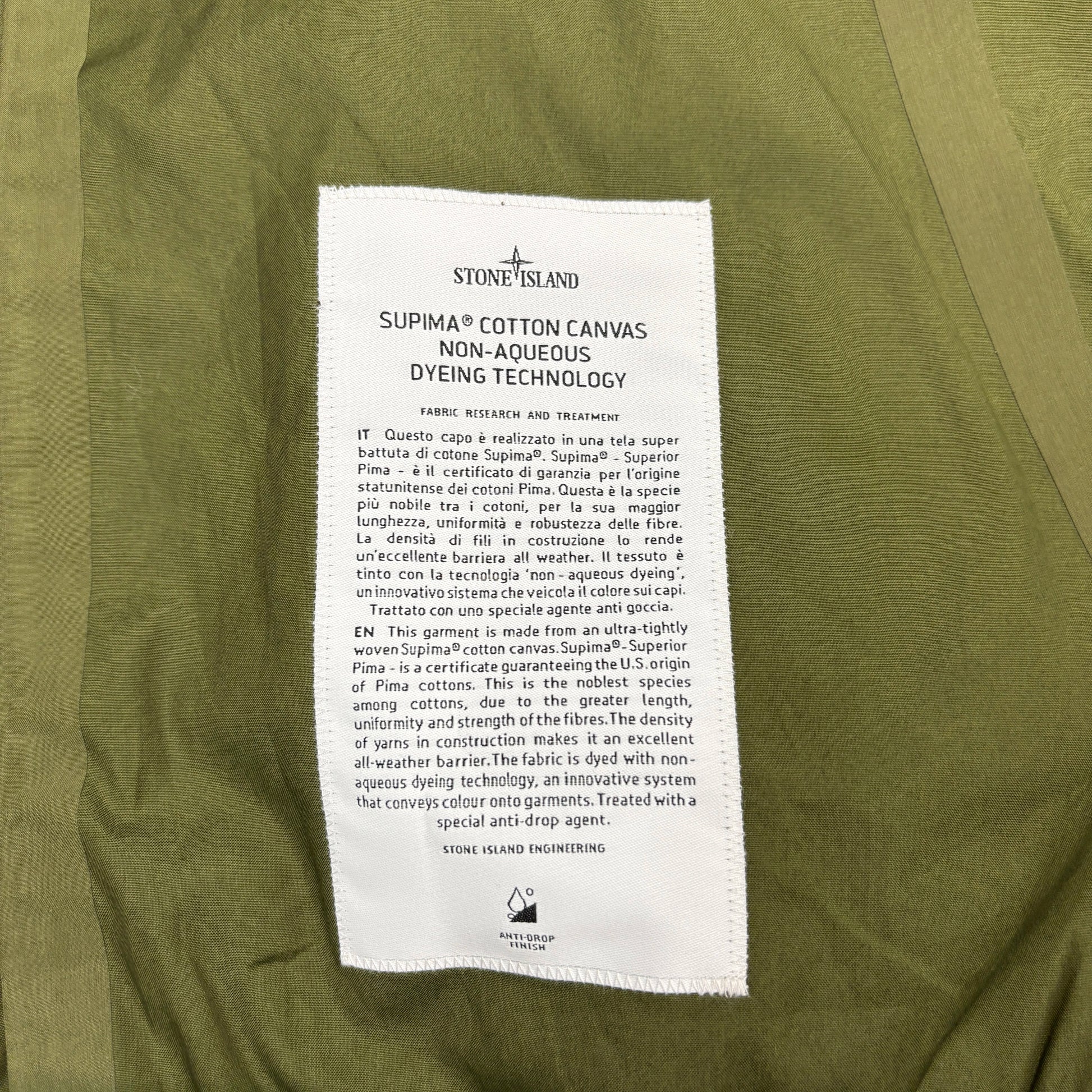 Stone Island Green Supima Cotton Canvas Non-Aqueous Dyeing Technology Jacket