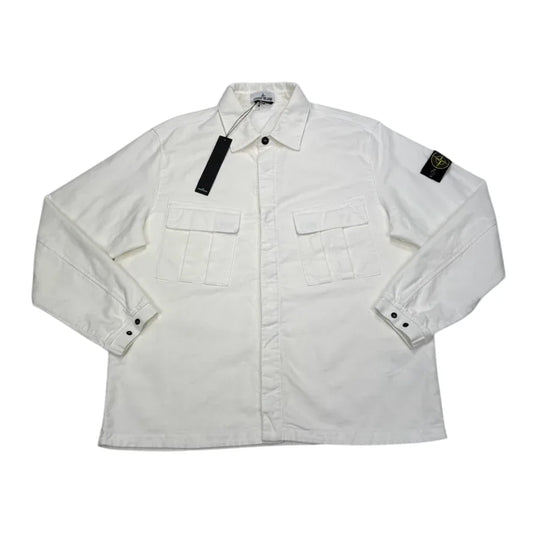 Stone Island White Corduroy Compass Patch Collared Overshirt Jacket