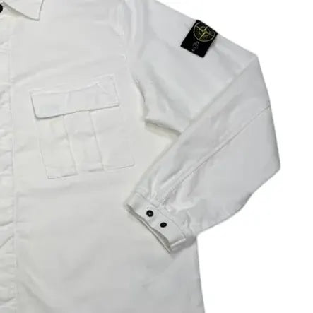 Stone Island White Corduroy Compass Patch Collared Overshirt Jacket
