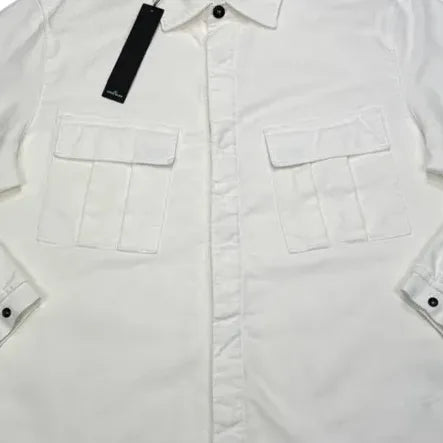Stone Island White Corduroy Compass Patch Collared Overshirt Jacket