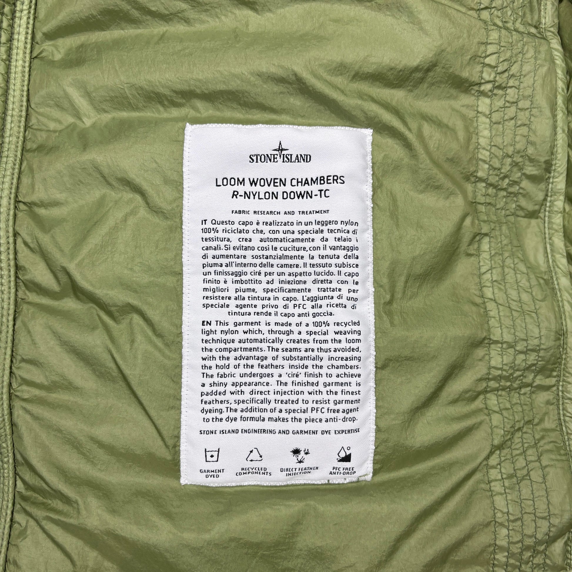 Stone Island Green Loom Woven Chambers R-Nylon Down-TC Hoodless Puffer Jacket