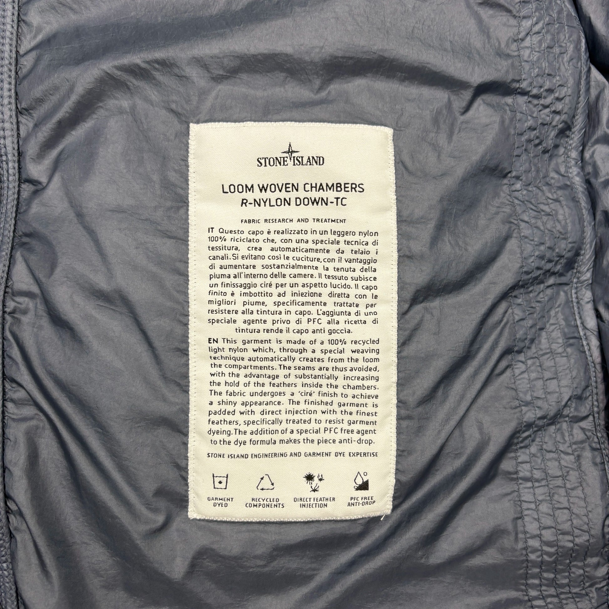 Stone Island Blue Loom Woven Chambers R-Nylon Down-TC Hoodless Puffer Jacket