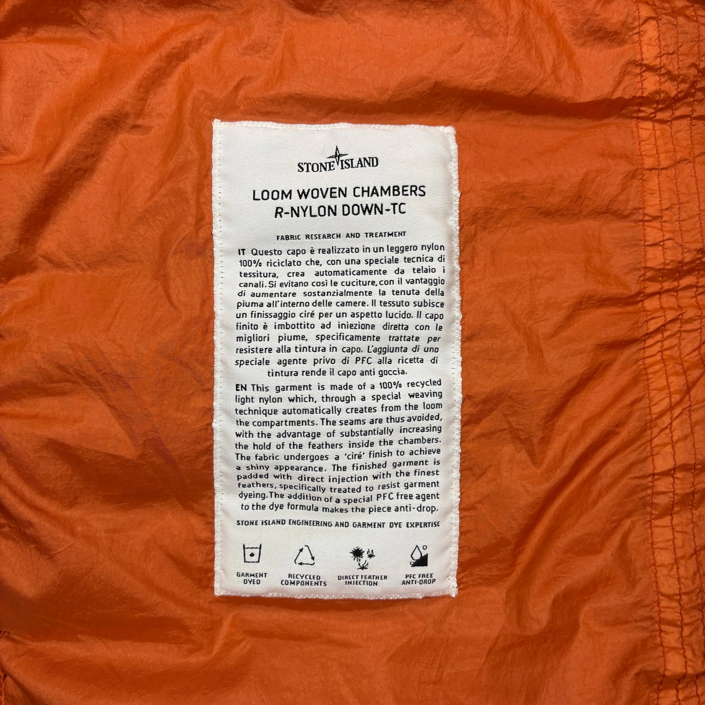 Stone Island Orange Loom Woven Chambers R-Nylon Down-TC Hoodless Down HoodlessJacket