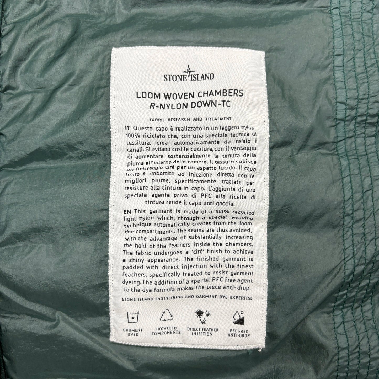 Stone Island Dark Green Loom Woven Chambers R-Nylon Down-TC Hoodless Puffer Jacket