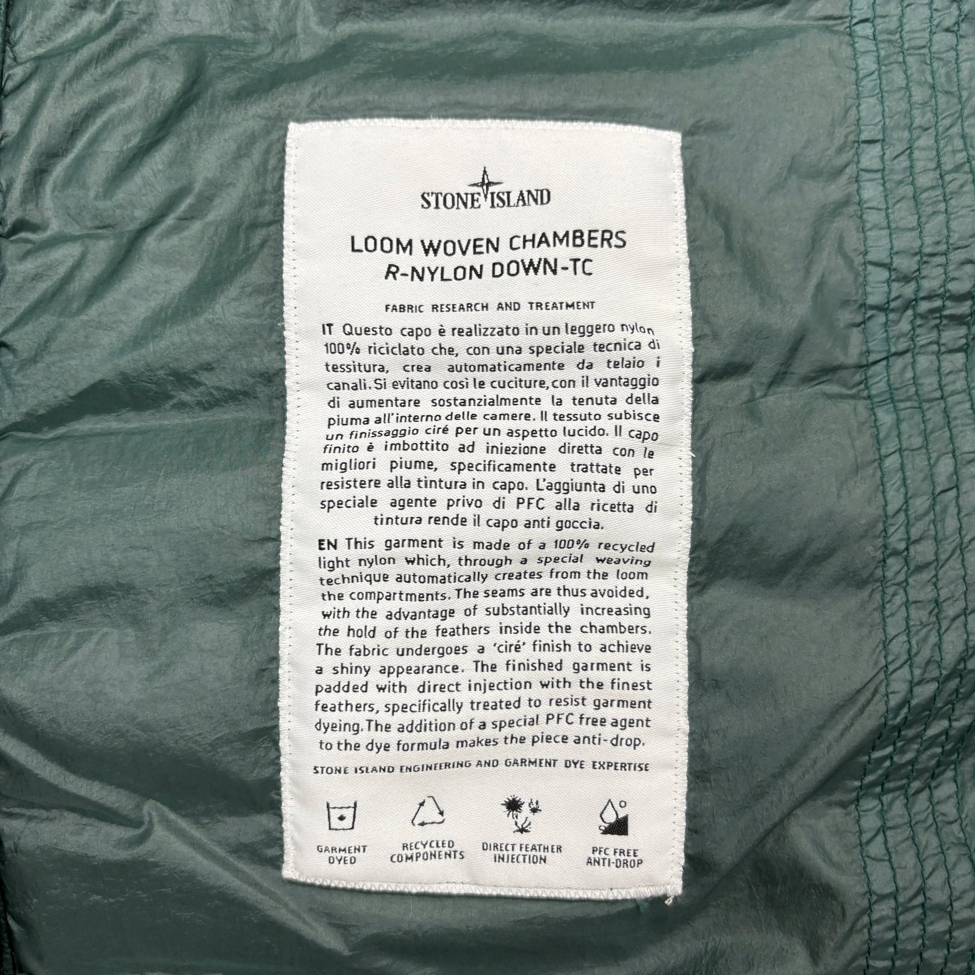 Stone Island Dark Green Loom Woven Chambers R-Nylon Down-TC Hoodless Puffer Jacket