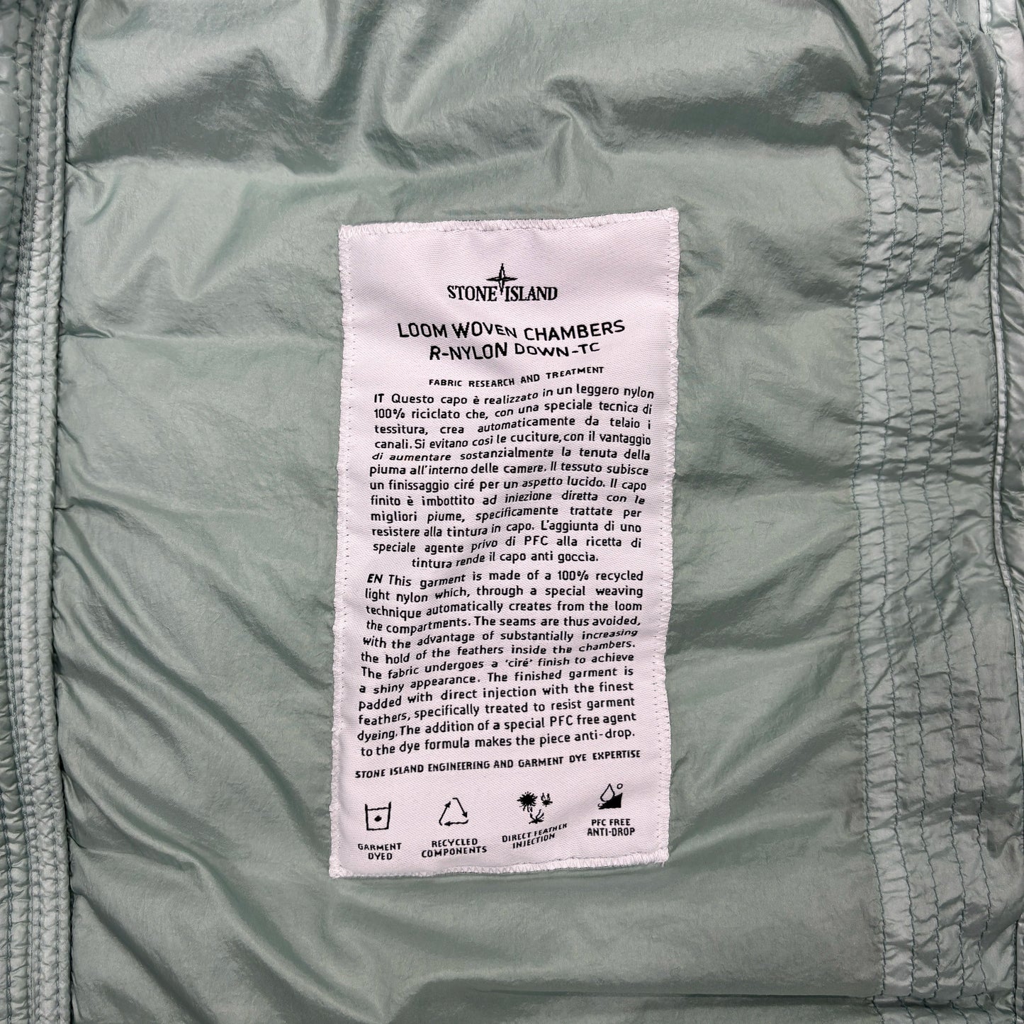 Stone Island Green Loom Woven Chambers R-Nylon Down-TC Hoodless Puffer Jacket