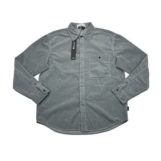 Stone Island Gray Long Sleeve Embroidered Logo Spell Out Button-up Shirt