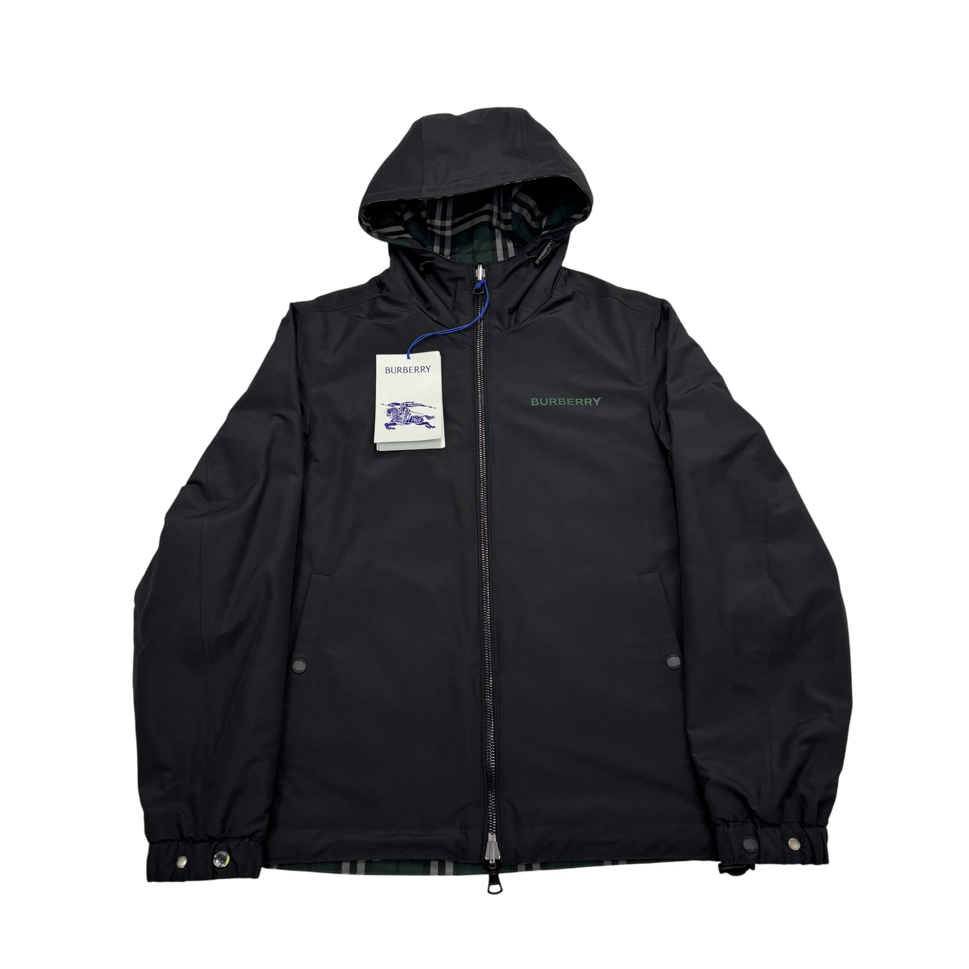 Burberry Black and Green Checked Reversible Hooded Jacket