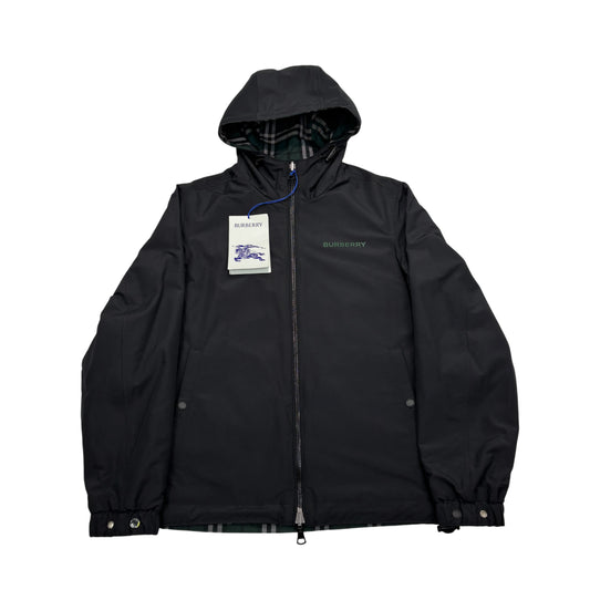 Burberry Black and Green Checked Reversible Hooded Jacket