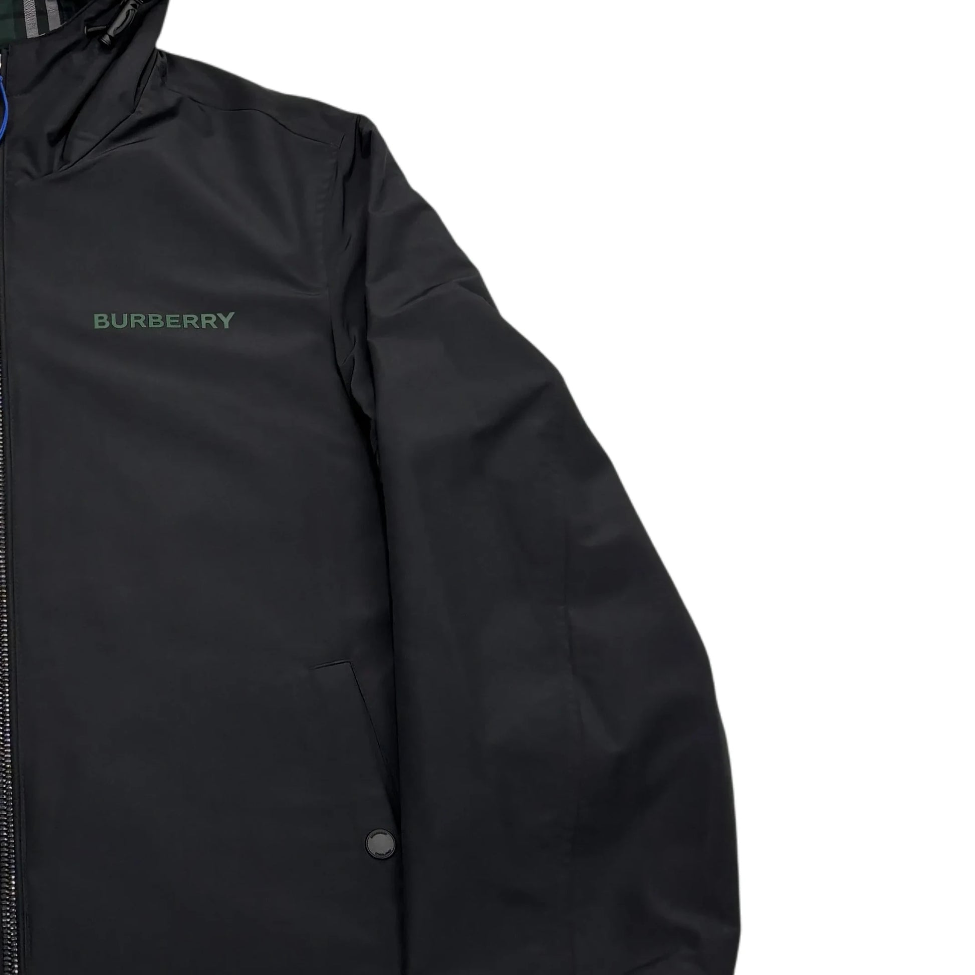 Burberry Black and Green Checked Reversible Hooded Jacket