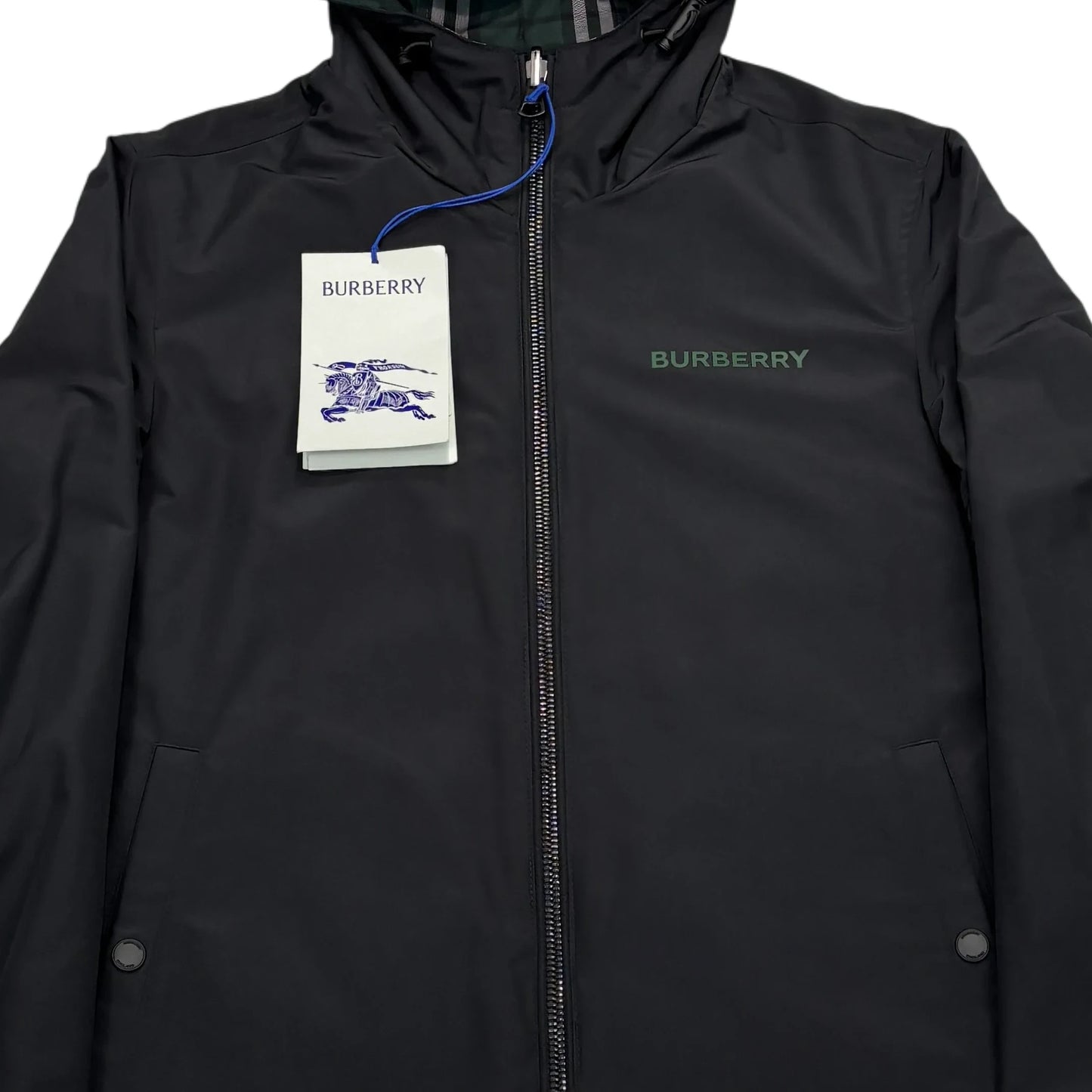 Burberry Black and Green Checked Reversible Hooded Jacket
